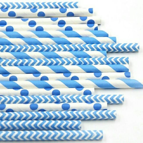 Pailles en papier bleu 25 pièces/lot pailles de fête à rayures rétro en papier mélangé pailles à Chevron pailles à boire fournitures de mariage d'anniversaire pour enfants