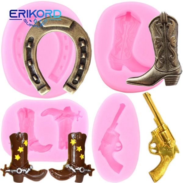 3D fer à cheval botte de cowboy moule en silicone pistolet arme de poing Fondant outils de décoration de gâteau Cupcake Topper moules bonbons argile chocolat moules outils de gâteau