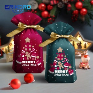 10 pz 15*23 cm Babbo Natale Buon Natale Sacchetto di caramelle Fiocco di neve Croccante Borsa con coulisse Decorazioni per la casa Sacchetti regalo di Capodanno Porta regali