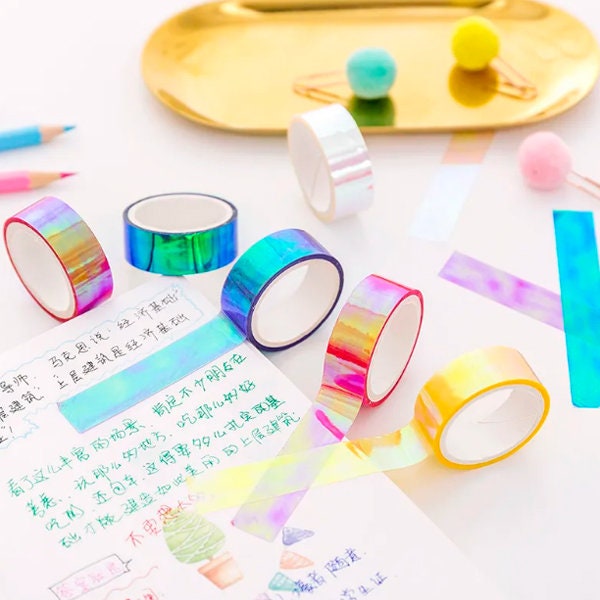 15mm Wide Rainbow Holographic Colored Masking Tape Translucent Labelling Decorative Waterproof for Arts DIY Office Supplies Gift Wrapping