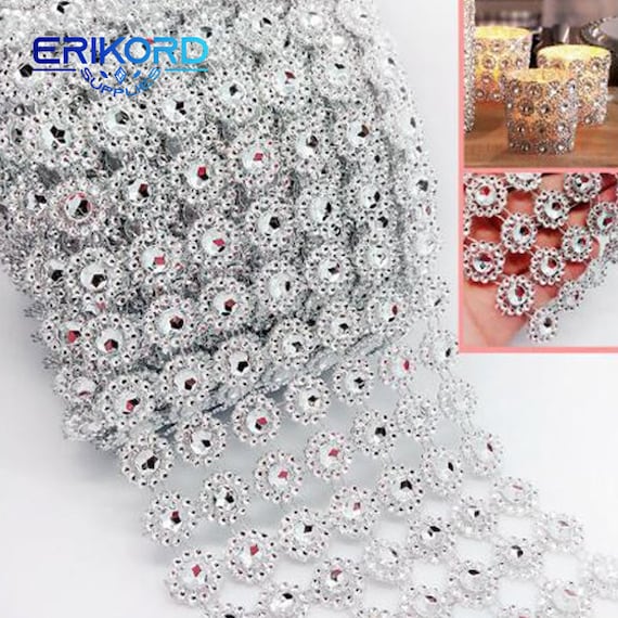 1 Yard Silver Rhinestone Crystal Ribbon Faux Diamond Ribbon Wrap Flower Shape Mesh Wrap Roll for Wedding Party Decorations