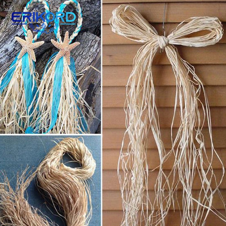 May include: Two strands of natural raffia fibre, one tied into a bow and the other wrapped around a blue ribbon with a starfish charm. The raffia is a natural, light brown colour.