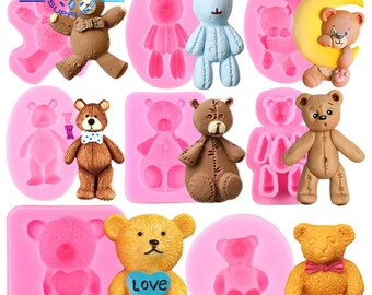 3D Cute Bear Silicone Fondant Molds Chocolate Candy Candle Soap Resin Mould Baby Birthday Cake Decorating Tools Kitchen Baking Accessories