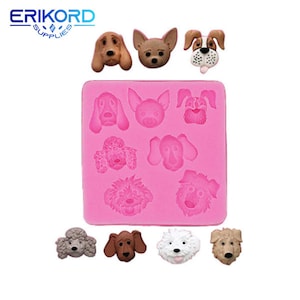 May include: Pink silicone mold with nine dog face designs. The mold is filled with small, colorful dog face figurines.