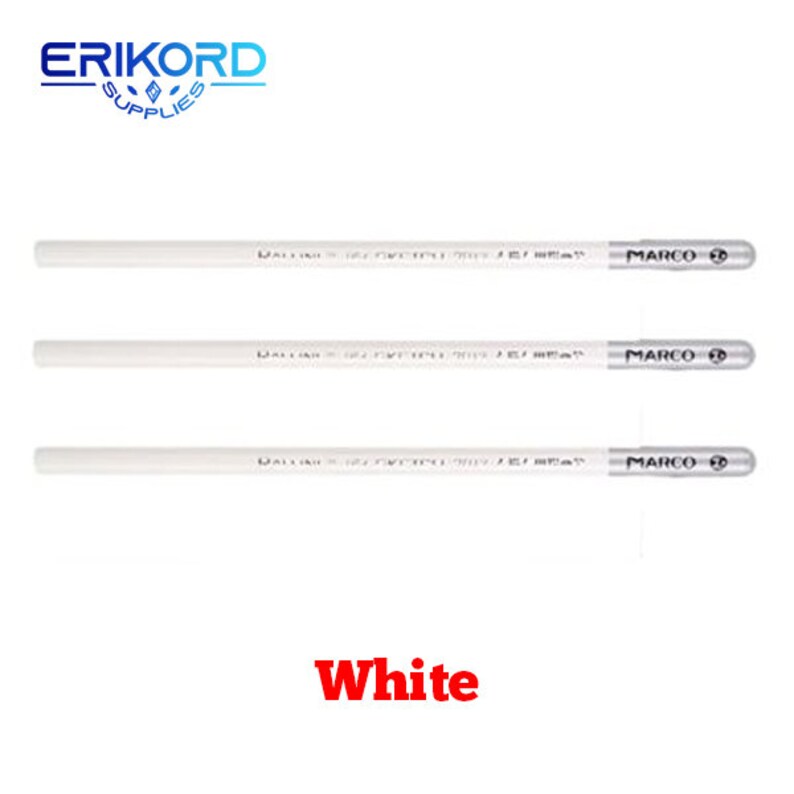 May include: Three white pencils with silver caps and the word "MARCO" printed on them. The pencils are arranged horizontally, one above the other. The word "White" is printed in red below the pencils.