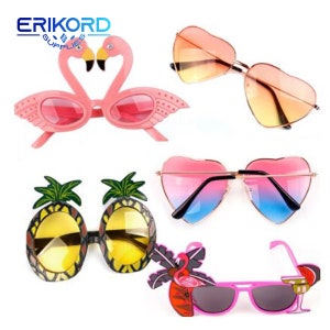 May include: A set of five colorful novelty sunglasses. The sunglasses are shaped like a flamingo, a pineapple, a heart, and a cocktail glass. The sunglasses are perfect for a party or a fun day out.
