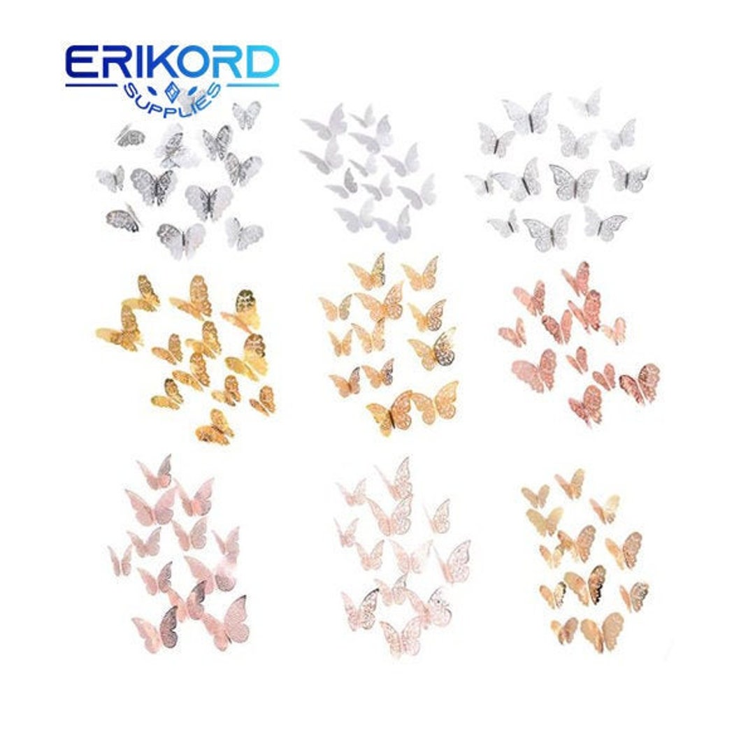 12pc Beautiful Rose Gold Silver 3D Hollow Butterfly Wall Sticker for ...