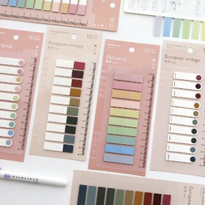 May include: Three sets of colourful sticky notes with different colour schemes. The sets are labelled "Morandi", "European Vintage", and "European Vintage". Each set has 10 sticky notes in different shades of colour.