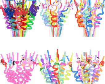 4/8pcs Reusable Unicorn Mermaid Flamingo Straw Smoothie Animal Drinking Straws Mermaid Theme Dinosaur Kids Fruit Party Supplies Plastic