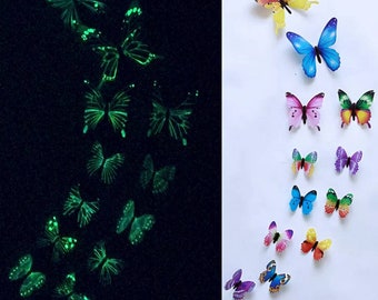 Papillon lumineux, phosphorescents dans le noir, 12 stickers papillons, Stickers muraux, Stickers autocollants, chambre d'enfants, phosphorescente dans le noir, couleurs lumineuses