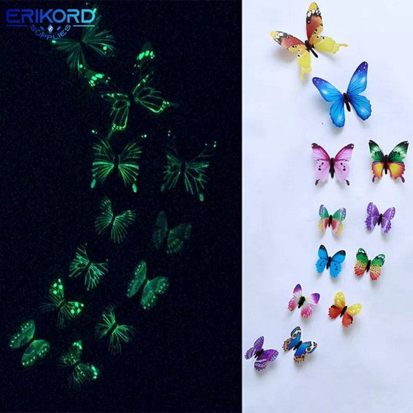 Papillon lumineux, phosphorescents dans le noir, 12 stickers papillons, Stickers muraux, Stickers autocollants, chambre d'enfants, phosphorescente dans le noir, couleurs lumineuses