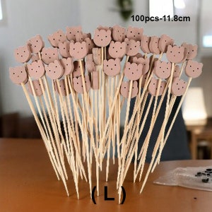 May include: A bunch of 100 brown flower-shaped picks with wooden sticks, 11.8 inches long. The picks are arranged in a fan shape, with the sticks pointing downwards. The text "100pcs-11.8cm" is visible in the top right corner of the image. The text "(L)" is visible in the bottom center of the image.