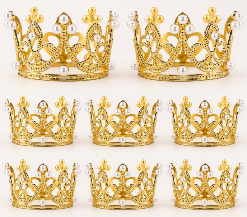 Mini Gold Crown Cake Toppers (5/25 PCS) – Princess Queen Pearl Crowns ...