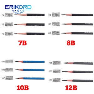 May include: A set of 10 drawing pencils in various shades of gray, ranging from 7B to 12B. Each pencil is shown with a sample of its mark on the paper. The pencils are arranged in two rows of five, with the darkest pencils at the bottom. The pencils are labeled with their grade, and the brand name "ERIKORD SUPPLIES" is printed at the top of the image.