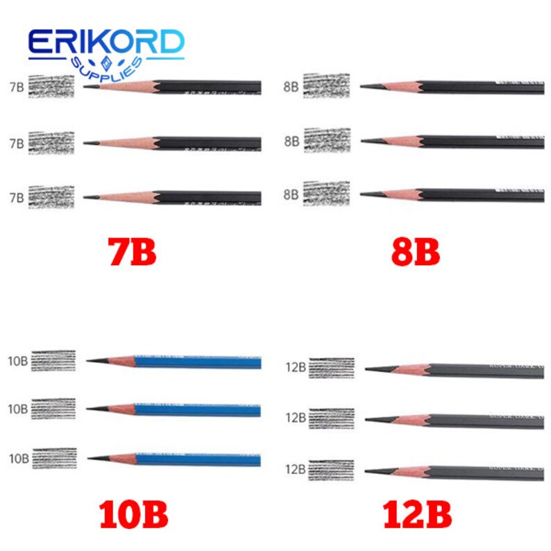 May include: A set of 10 drawing pencils in various shades of gray, ranging from 7B to 12B. Each pencil is shown with a sample of its mark on the paper. The pencils are arranged in two rows of five, with the darkest pencils at the bottom. The pencils are labeled with their grade, and the brand name "ERIKORD SUPPLIES" is printed at the top of the image.