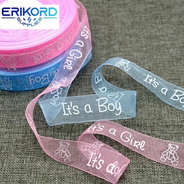 5yd / lot 1 '' (16/25mm) Es ist ein Junge Es ist ein Mädchen Cartoon Gedruckt Organza Band Spitze Gurtband DIY Haarschleife Geschenk Handwerk Zubehör Baby Shower