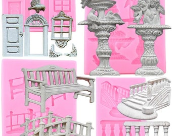 Fairy Garden Fountain Bridge Bench Silicone Mold Door Window Fondant Molds Cake Decorating Tools Chocolate Dessert Candy Moulds