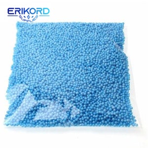 May include: A clear plastic bag filled with light blue polystyrene packing peanuts.