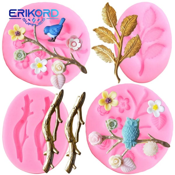 3D Owls Birds Bee Silicone Molds Tree Branch Leaves Fondant Mold Flower Cake Decorating Tools Chocolate Candy Resin Craft Mould Cake Border