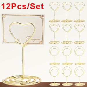 12/6 stks Metalen Plaats Kaarthouders Ronde Hartvorm Foto Clip Bruiloft Tafel Plaats Card Stands Verjaardagsfeestje Tafel Nummer Naam Teken Stand: