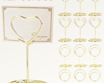 12/6 uds. Tarjeteros metálicos redondos con forma de corazón, Clip para fotos, mesa de boda, soportes para tarjetas, mesa de fiesta de cumpleaños, número, nombre, soporte para letrero