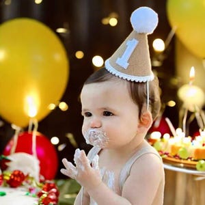 Cappello per il primo compleanno, 1°, 2° e 3° anno, cappello per baby shower per bambini, cappello neutro per compleanno, cappello in feltro di lino per feste boho, fascia per capelli per baby shower di compleanno