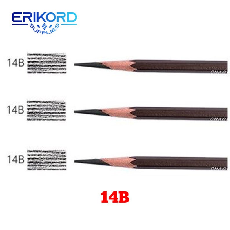 May include: Three brown pencils with the label "14B" and a graphite sample next to each. The pencils are arranged vertically with the label "14B" at the bottom.