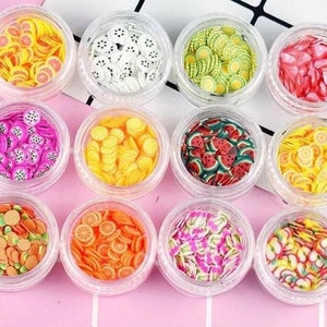 Geen verzendkosten! 12/Set Fruit Plakjes Filler Voor Nagels Art Tips Ballen Slijm Kralen Fruit Voor Kinderen Floam Diy Kraal Accessoires benodigdheden Decoratie