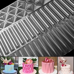 May include: A clear plastic cake mold with a geometric design. The mold is made up of rows of small, cylindrical shapes and a larger, triangular pattern. The mold is designed to create cakes with a unique, textured surface.