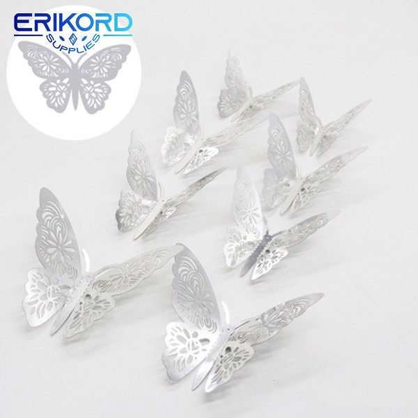 12pcs/set 3D Hollow Butterfly Wall Sticker DIY 3sizes Silver Gold for ...