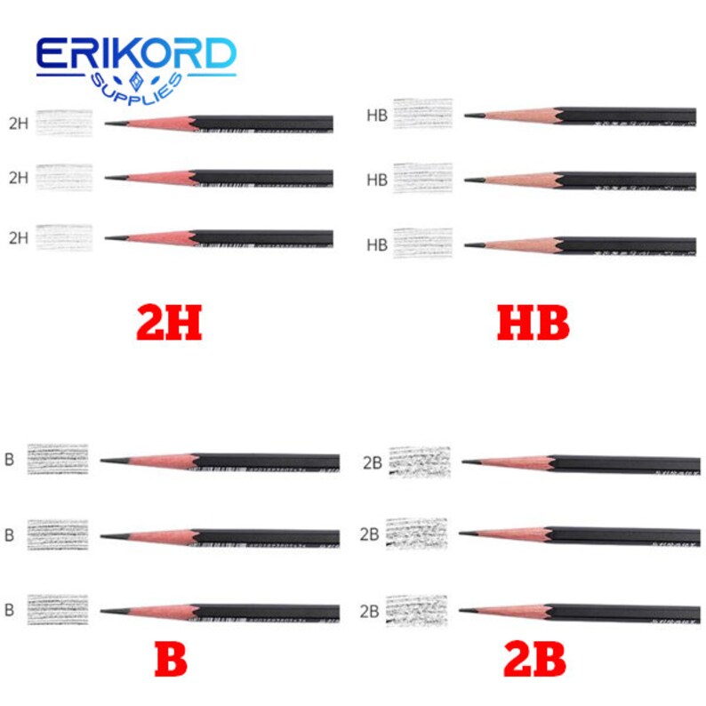 May include: A comparison chart of different graphite pencil grades, showing the pencil lead and the resulting line drawn. The grades shown are 2H, HB, B, and 2B. The chart is labeled with the grade names in red.