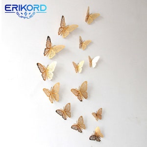 12pcs/Set 3D Hollow Butterfly Wall Sticker DIY 3Sizes Silver Gold for Party Wedding Decoration Butterflies Stickers Decor