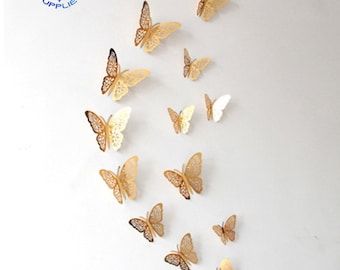 12pcs/Set 3D Hollow Butterfly Wall Sticker DIY 3Sizes Silver Gold for Party Wedding Decoration Butterflies Stickers Decor
