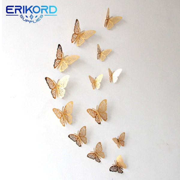 12pcs/set 3D Hollow Butterfly Wall Sticker DIY 3sizes Silver Gold for ...