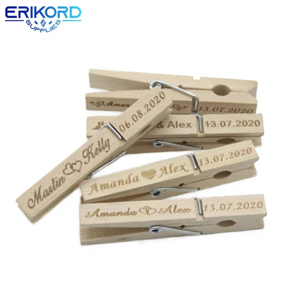 20-100pcs Personalized Engraved Wood Rustic Clothespins Wooden Clothes Pins Classic Clothes Pegs Clips Wedding Decor Wedding Favor Coat Room