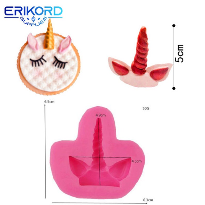 May include: Pink silicone mold for making unicorn horn and ears. The mold is 6.3 cm wide, 4.9 cm tall, and 4.5 cm deep. The mold is shown with a finished unicorn horn and ears made from pink and red fondant.