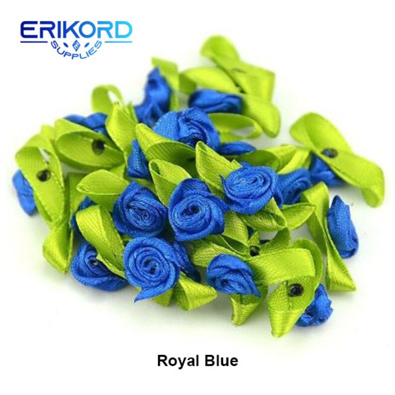 May include: A bunch of blue and green fabric flowers. The flowers are made of satin ribbon and have a simple, elegant design. Royal Blue.