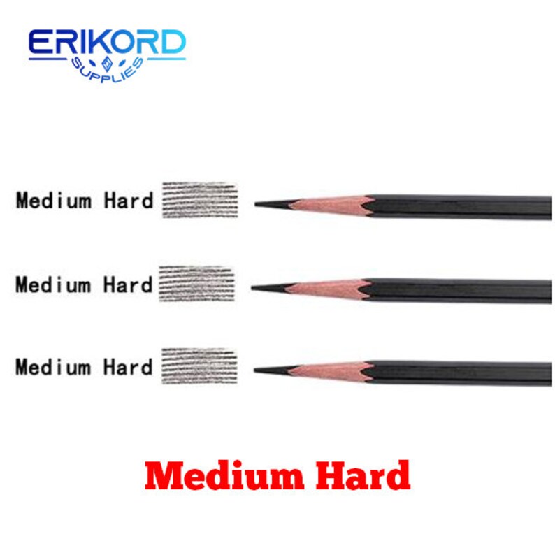 May include: Three black pencils with a medium hard lead grade. The pencils are shown with a sample of the graphite line they produce.