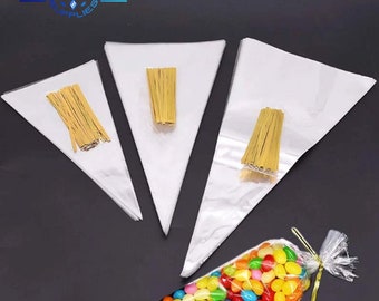 50pcs Clear Cone Candy Storage Bags Cones Transprant Plastic Bag Popcorn Candy Bags for Baby Shower Wedding Engagement Party Favors Bag