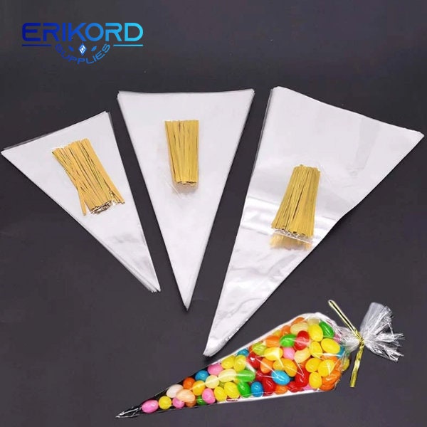 50pcs Clear Cone Candy Storage Bags Cones Transprant Plastic Bag Popcorn Candy Bags for Baby Shower Wedding Engagement Party Favors Bag