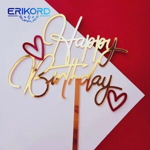 Acryl Doppelschicht Glückliche Kunst Schrift Rot Liebe Herz Kuchen Topper Geburtstagsparty Dessert Dekoration für Baby Shower Zubehör Geburtstag Toppers