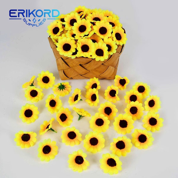 50 / 100 stücke Mini Sonnenschein Sonnenblume Kopf Daisy Blume Ehe Zimmer Dekor DIY Blumenschmuck Kunst Hochzeit Verlobung Party Dekorationen