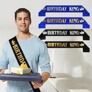Birthday King Sash 18.20.30.40.50.60.Schwarz Blau Birthday Queen Schärpe Geburtstagsparty Satinband Schultergurt Dekorationen