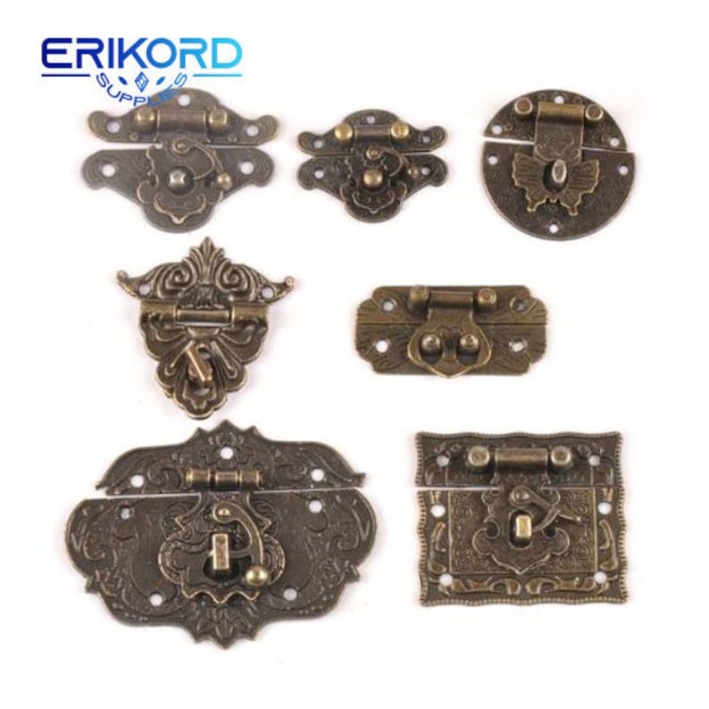 May include: Set of eight antique-style brass clasps with intricate designs. The clasps are perfect for adding a vintage touch to boxes, chests, or other projects.