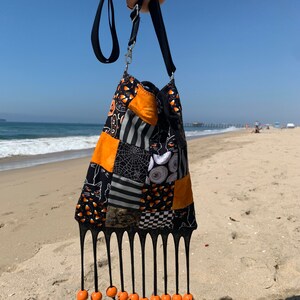 Halloween Cotton Patchwork Pumpkin Fringe Bag Adjustable Crossbody Strap