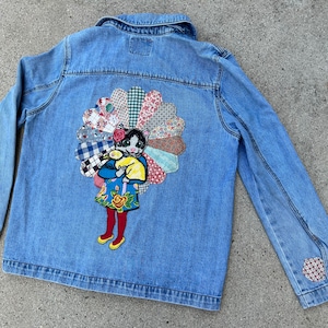 Upcycled Denim Jacket with Kitten Duck Mother Vintage Quilt Patchwork OOAK