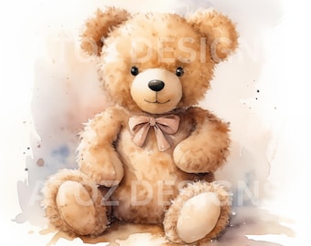 May include: Watercolor illustration of a teddy bear in shades of tan and brown. The bear has a pink bow tie and is sitting with its legs outstretched. The background features soft watercolor washes in muted tones.