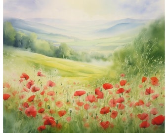 Aquarel papaverveld clipart, bloemenlandschap (digitale download)