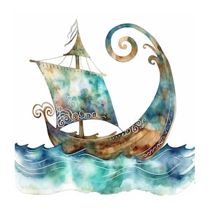 Navi vichinghe dell'acquerello sull'oceano, clipart 10 diverse immagini jpeg perfette per clipart, decoupage o per qualsiasi progetto artigianale