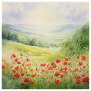 Puede incluir: Pintura a la acuarela de un paisaje vibrante con un campo de amapolas rojas en primer plano. Colinas verdes onduladas y montañas distantes se desvanecen en un cielo suave y brumoso. La obra evoca una sensación de tranquilidad y belleza natural.